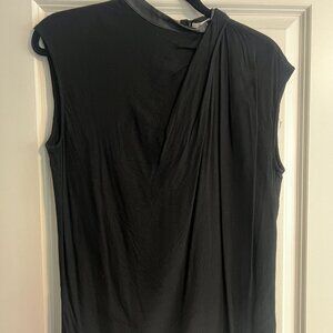Helmut Lang High Neck Top - Black with Leather Trim - Size S